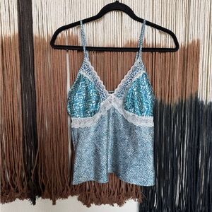 Teal and white silk & lace cami tank top w adjustable straps; perfect condition